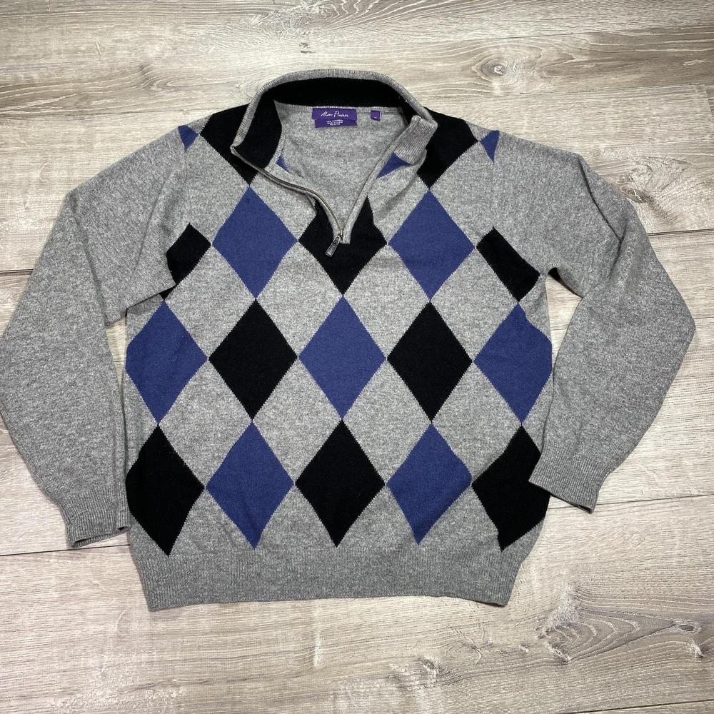 Alan‎ Flusser Sweater Mens Medium Gray 100% Cashmere Argyle 1/4 Zip Mock Neck